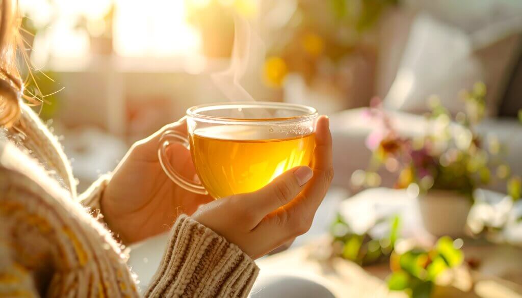 Woman relaxing in a cozy living room, holding a cup of herbal tea